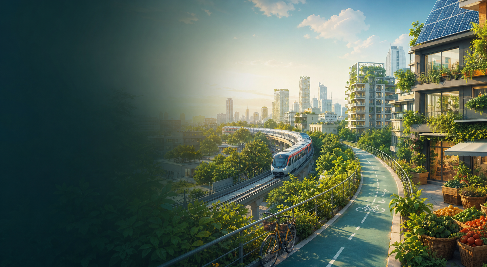 Illustrated eco city with transit, solar rooftops, groceries, and greenery